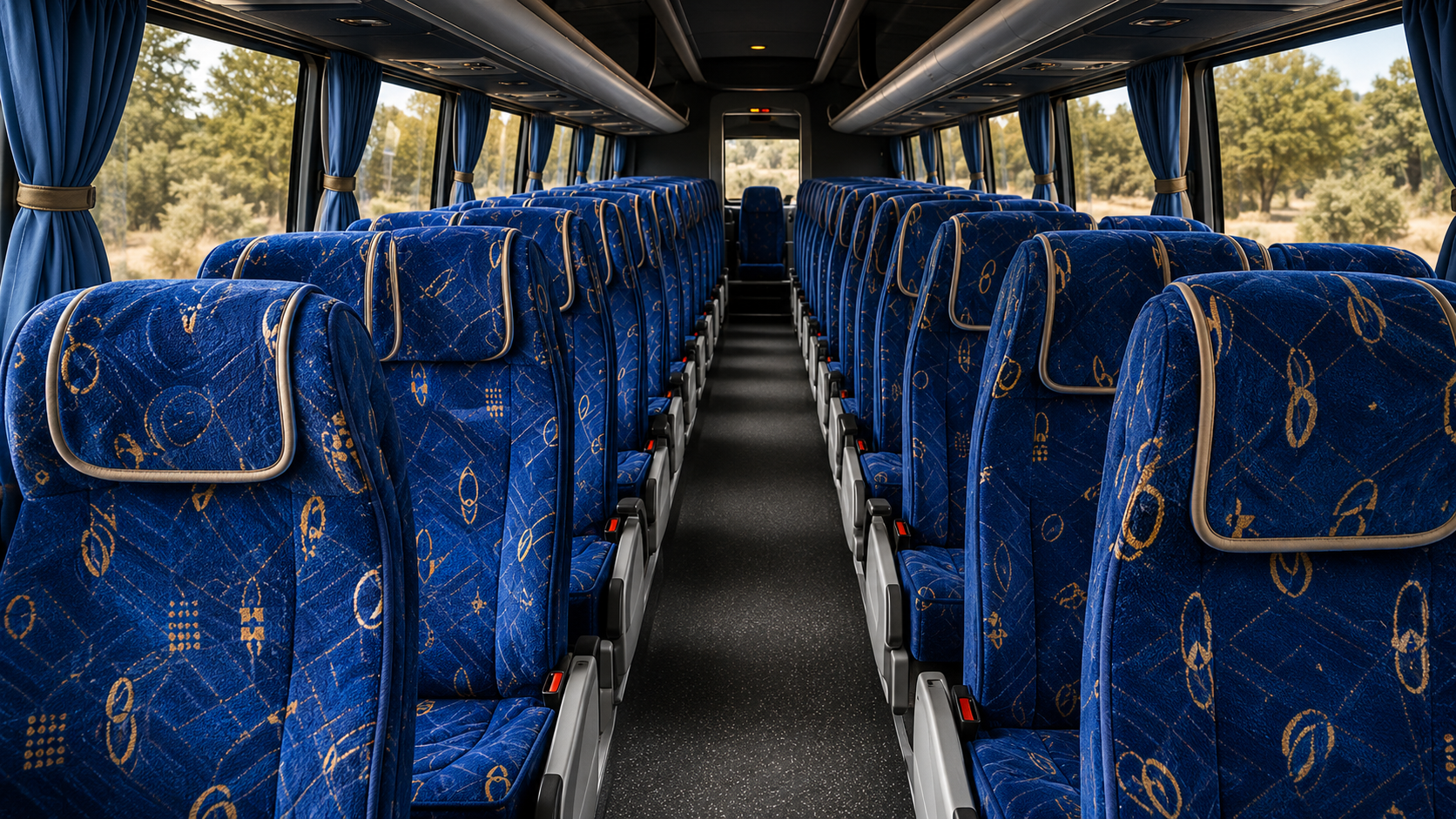 Comfortable coach interior with seating and curtains